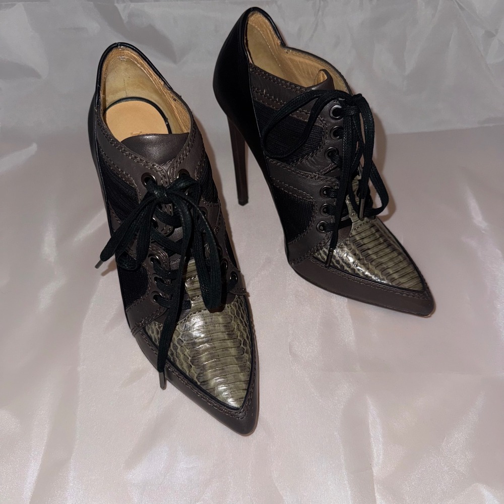 L.A.M.B. Gwen Stefani Leather Snakeskin Mesh Lace Up Stiletto Booties Black 8M